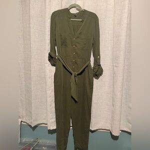 Anthropologie Green Jumpsuit with Belt and V-Neck